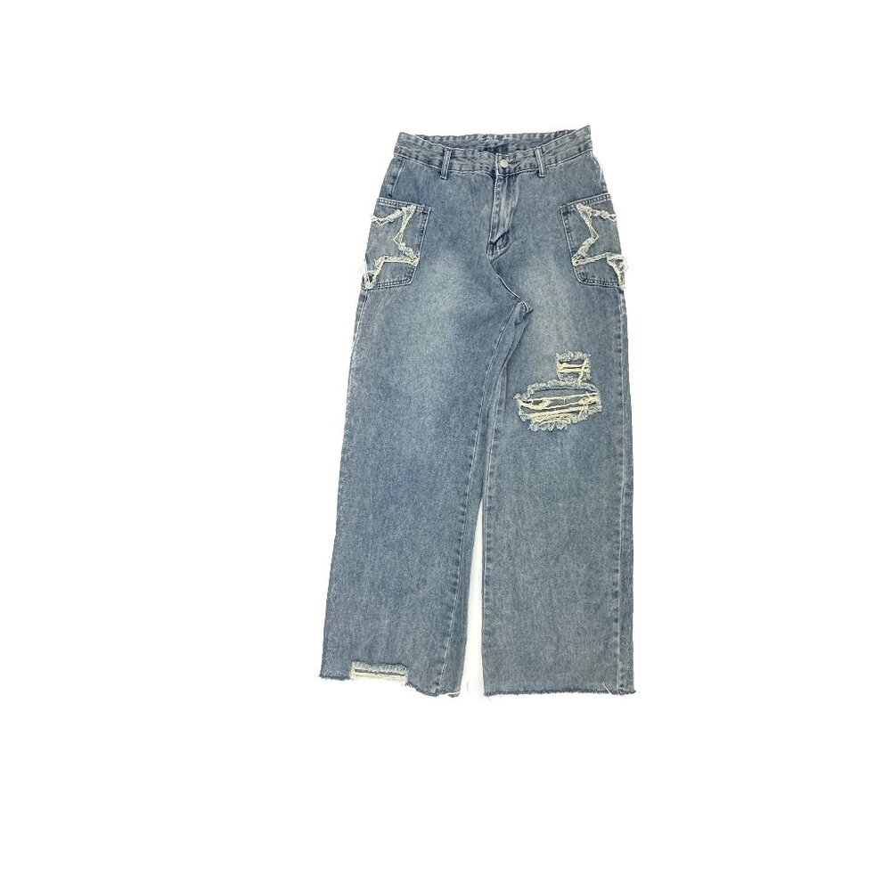 ROMWE Baggy Jeans Women L 8 10 Blue Distressed Star Raw Hem Wide Leg